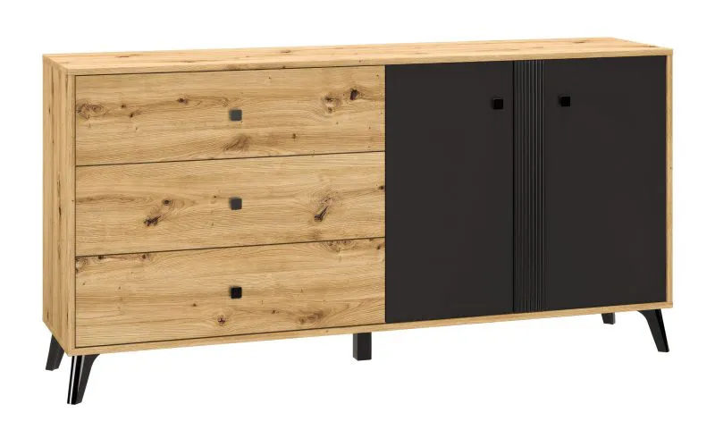 Commode Lassila 04, Couleur : Chêne Artisan / Noir - Dimensions : 83 x 165 x 40 cm (H x L x P), avec 2 portes, 3 tiroirs et 2 compartiments