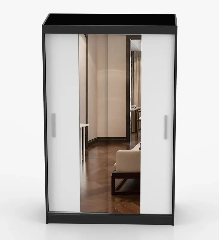 Armoire à portes coulissantes avec miroir | Blanc / Noir | Rudawy 09 | 61 x 120 x 200 cm | 2 portes | 1 tringle | 6 compartiments