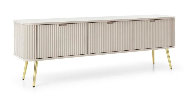 Meuble TV Makreb 05 cachemire | 57 x 168 x 39 cm | Pieds métal doré | 3 portes | Façades rainurées