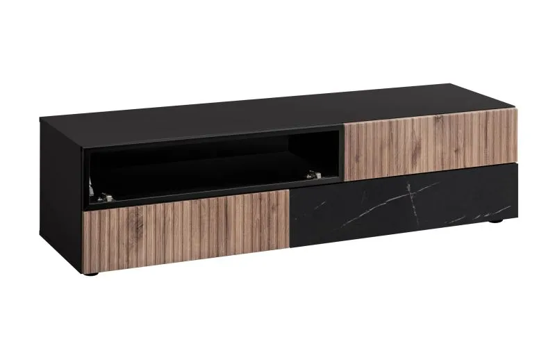 Meuble bas TV / façade striée / Couleur : Noir / Chêne vicking / Marbre noir / Fonction push-to-open / 160 x 45 x 42 cm / 3 tiroirs / 1 porte basculante
