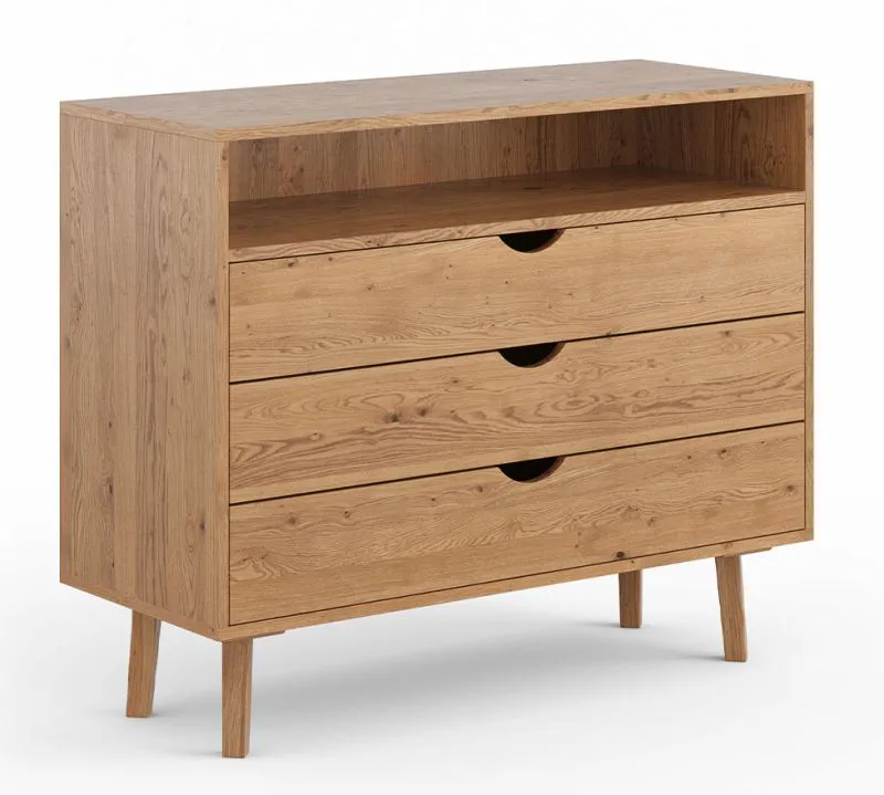 Commode Minnu 03 en chêne sauvage massif naturel | 90 x 110 x 40 cm | 3 tiroirs Soft-Close | 1 niche ouverte | Finition huilée