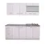 Ligne de cuisine sobre / Bloc de cuisine Kunja 01, Couleur : Blanc / Blanc brillant, chants ABS, Poignées : Argent, design moderne, largeur 200 cm
