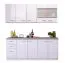 Ligne de cuisine sobre / Bloc de cuisine Kunja 01, Couleur : Blanc / Blanc brillant, chants ABS, Poignées : Argent, design moderne, largeur 200 cm