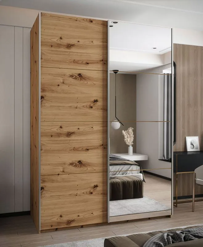 Penderie / Armoire à portes coulissantes / 245,5 x 170 x 64 cm / 11 compartiments / 2 tringles à vêtements / 2 portes coulissantes / Soft-Close / Miroir / Couleur : Chêne Artisan
