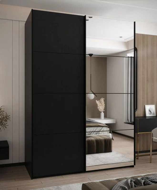 Penderie / Armoire à portes coulissantes / 2 portes coulissantes / Miroir / 245,5 x 170 x 64 cm / 2 tringles à vêtements / Soft-Close / Couleur : Noir / 11 compartiments