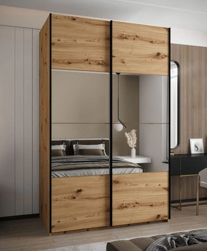 Penderie / Armoire à portes coulissantes / Couleur : Chêne Artisan / Miroir / 245,5 x 150 x 64 cm / Soft-Close / 2 portes coulissantes / 2 tringles à vêtements / 6 compartiments