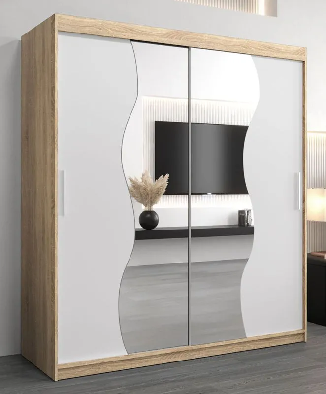 Armoire à portes coulissantes / Penderie Robinyera 04 avec miroir, Couleur : Chêne de Sonoma / Blanc mat - Dimensions : 200 x 180 x 62 cm ( H x L x P)