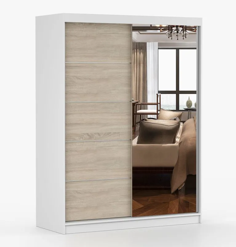 Armoire penderie à portes coulissantes avec miroir | 200 x 150 x 61 cm | Sonoma chêne / blanc | Bucegi 22 | 2 portes | 6 compartiments