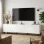 Meuble TV Zolvane 2.0 / Blanc brillant / 200 x 42 x 53,5 cm / 8 compartiments / 4 portes / Design sans poignées / Face décorative à motifs géométriques