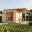 Abri de jardin avec toit rapporté / Cabane de jardin en éléments naturel / Plancher inclus / 3,83 x 2,38 mètres / Toit plat / Dresden 04 / Porte encadrée de bois massif avec fenêtres