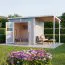 Abri de jardin / Surface de base : 6,84 m² / Laqué gris clair / Abri de jardin / Abri de jardin en éléments 19 mm / Abri de jardin avec toit traînant / Plancher inclus / Toit plat / Freiberg 02