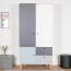 Armoire penderie 3 portes enfant Syrina 04 | Blanc / Gris / Bleu | 202 x 104 x 55 cm