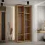 Armoire Mina couleur chêne, 235,2 x 100 x 60 cm, grand espace de rangement, lamelles noires, poignée en acier noir, brosses anti-poussière incluses