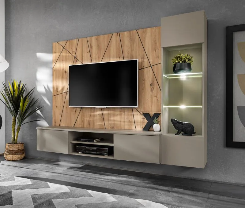 Meuble-paroi / Couleur : Gris argile / Chêne Artisan / Fonction push-to-open / 200 x 35 x 148 cm / incl. éclairage LED / 1 vitrine / 1 armoire basse TV / 1 panneau arrière