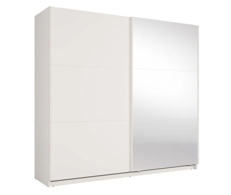 Armoire à portes coulissantes avec miroir / 221 x 60 x 207 cm / 1 tringle à vêtements / Éclairage inclus / 6 compartiments / Blanc / Poignées en métal / Système de fermeture Soft-Close / Igoumenitsa 02