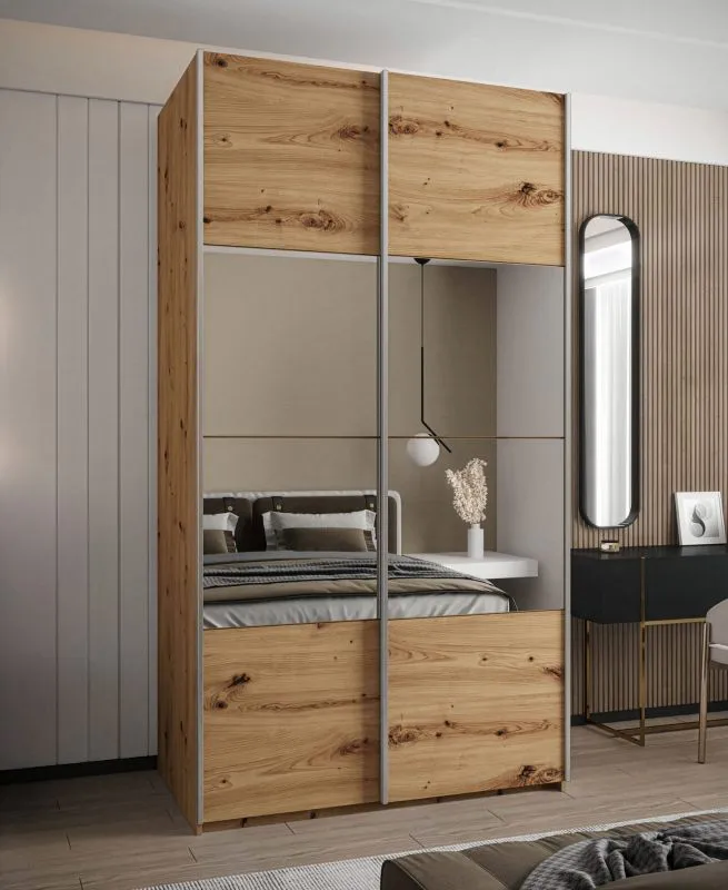 Penderie / Armoire à portes coulissantes / Couleur : Chêne Artisan / Miroir / 6 compartiments / Soft-Close / 2 tringles à vêtements / 2 portes coulissantes / 245,5 x 140 x 64 cm
