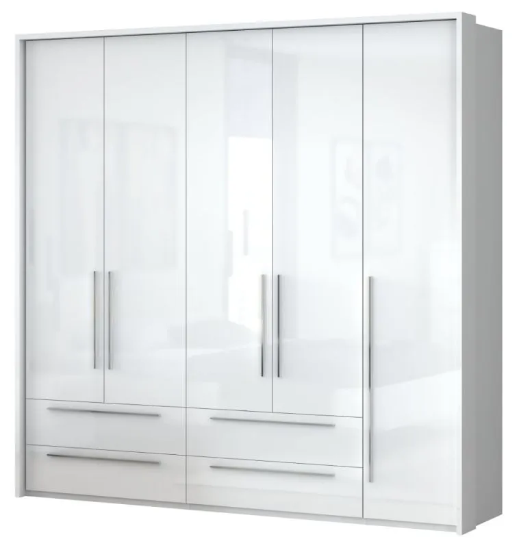 Armoire à portes battantes / armoire avec cadre LED Siumu 32, Couleur : Blanc / Blanc brillant - 226 x 232 x 60 cm (H x L x P)
