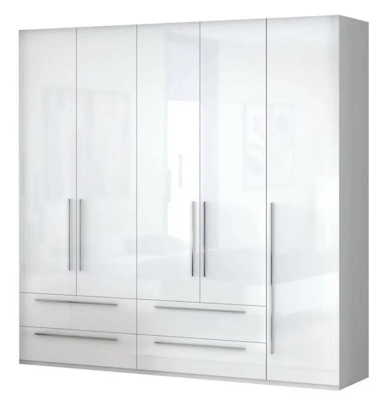 Armoire | 5 portes battantes | 4 tiroirs | 5 casiers | avec 3 tringles à vêtements | 227 cm de large | Couleur: Blanc Abbildung