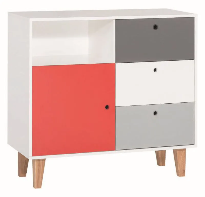Chambre d'adolescents - commode Syrina 08, couleur : blanc / gris / rouge - Dimensions : 96 x 103 x 45 cm (h x l x p)