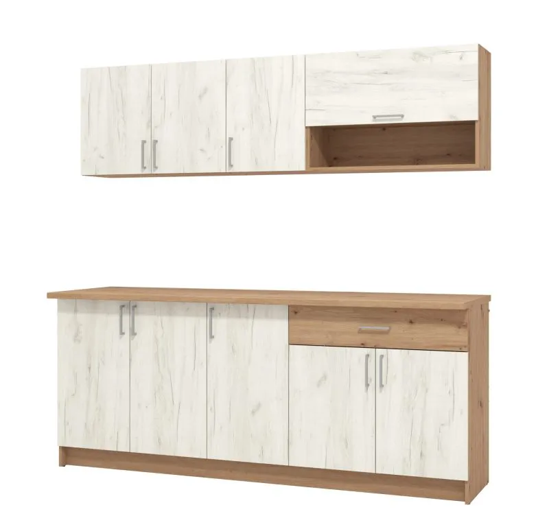 Ligne de cuisine claire / Bloc de cuisine Smali 01, Couleur : Chêne Artisan / Chêne Blanc, protection des bords ABS, un tiroir, suffisamment d'espace de rangement, largeur 200 cm