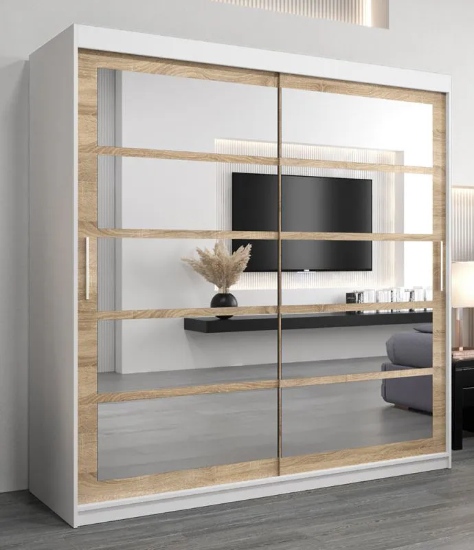 Armoire portes coulissantes Aizkorri 05B avec miroir | Blanc mat & chêne Sonoma | 200 x 200 x 62 cm