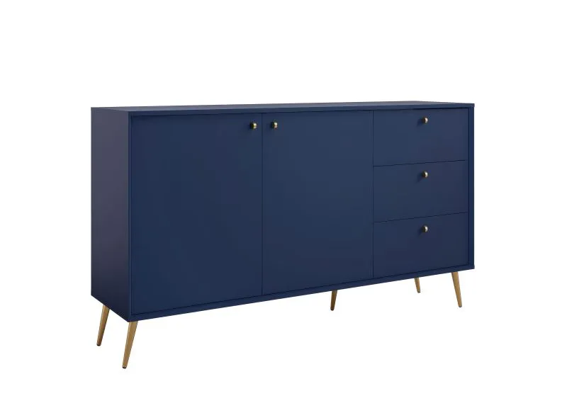 Buffet 3 tiroirs bleu foncé | 2 portes & 2 compartiments | Poignées et pieds métal | 89 x 156 x 40,5 cm