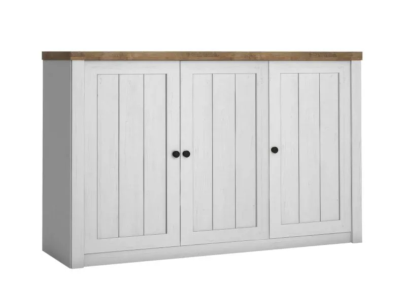 Commode style campagne 3 portes | Pin blanc & chêne brun | 88 x 130 x 43 cm | Série Segnas