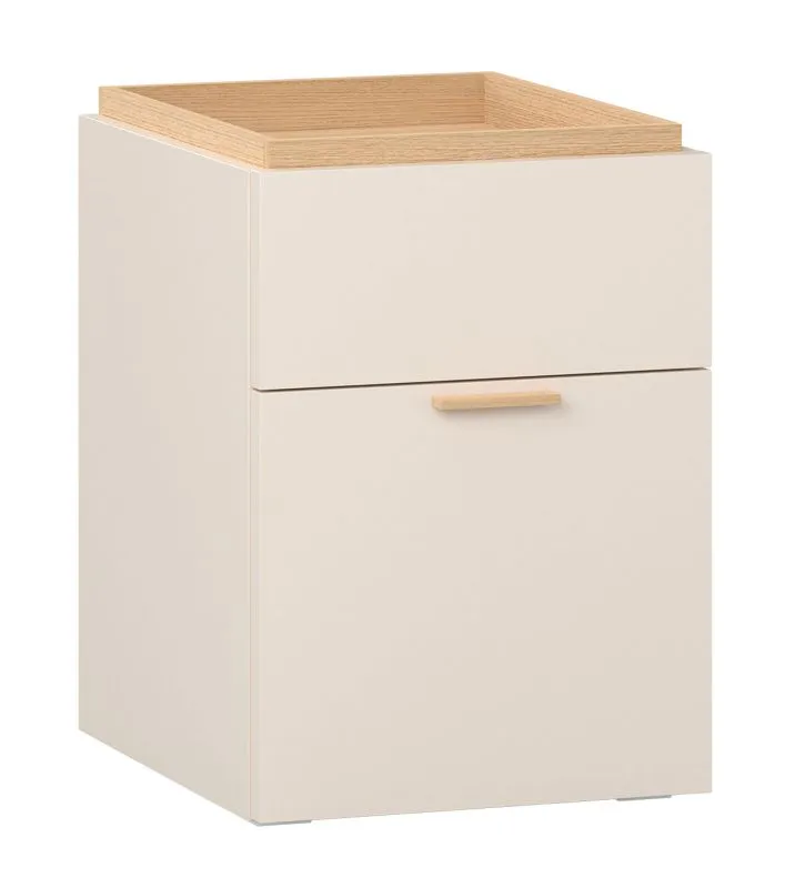 Table de chevet / Couleur : Beige / Poignées : Chêne / 2 tiroirs / Dimensions : 40,5 x 42 x 56,5 cm / Fonction Soft-Close / Bords surélevés / Pour chambre à coucher