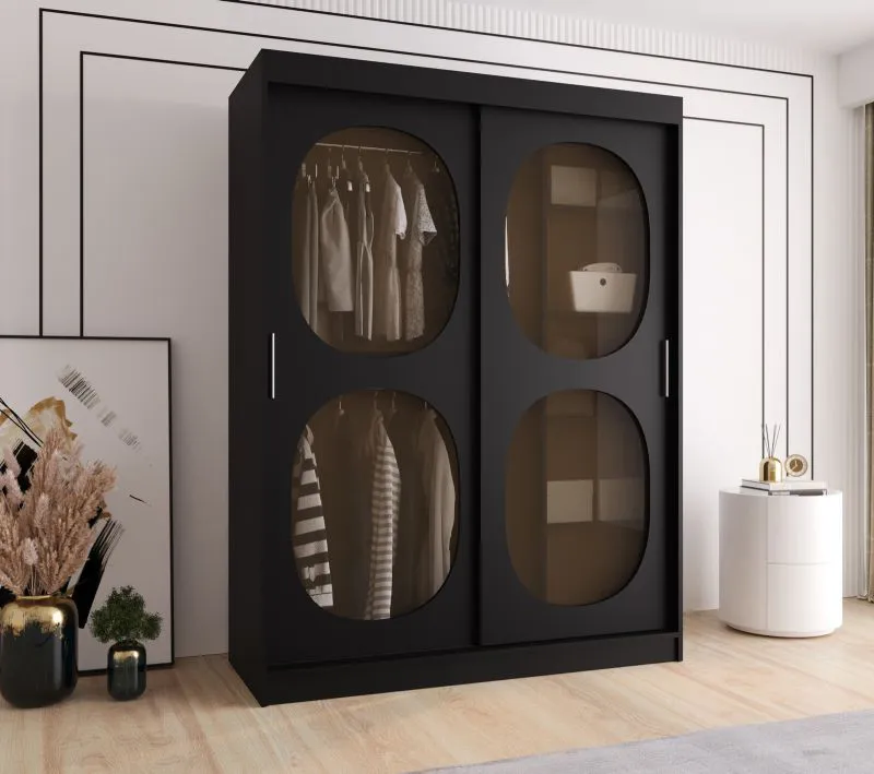 Armoire penderie à portes coulissantes Ortler 01 | Noir élégant | 1,5 m de large | 5 compartiments | Portes vitrées