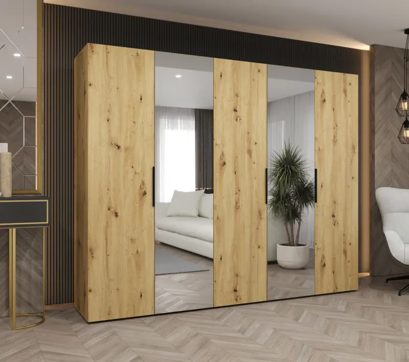 Armoire penderie 2 portes miroir Korab 89 | Largeur 2,5 m | Chêne artisan | 3 compartiments | 3 tringles | Soft-Close | Poignées noires