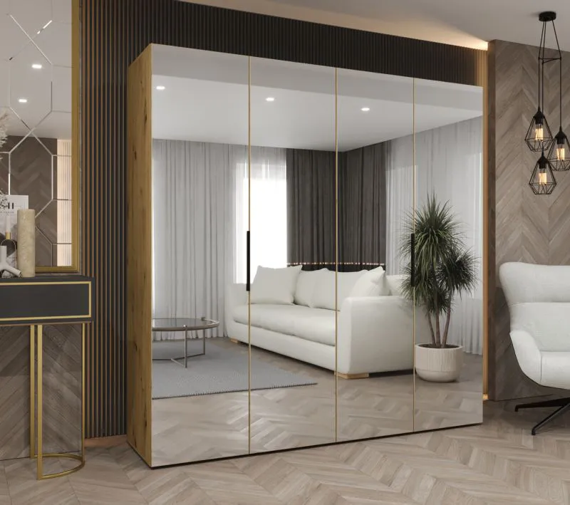 Armoire penderie à portes battantes avec 4 miroirs Korab 133 | chêne artisan | 2 m de large | Soft-Close | poignées noires