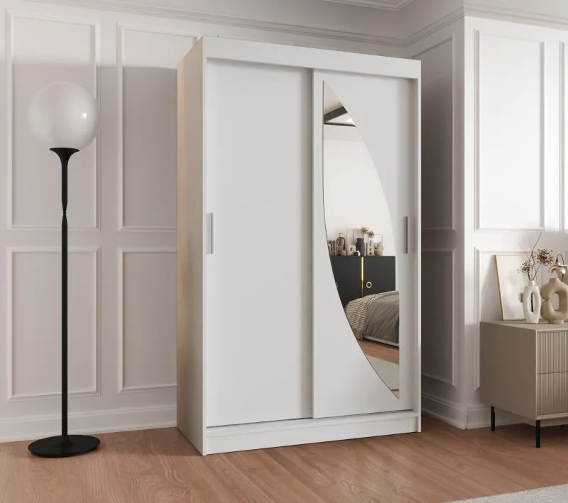 Armoire penderie Jorasses 06 blanche | 1 porte miroir | 120 cm large | 5 compartiments | 2 tringles | Portes coulissantes aluminium