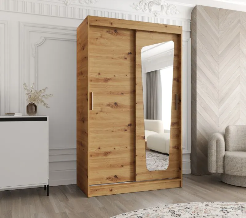 Armoire coulissante Aletschhorn 05 | Miroir intégré | Chêne Artisan | 1,2 m de large | 5 casiers | 2 tringles