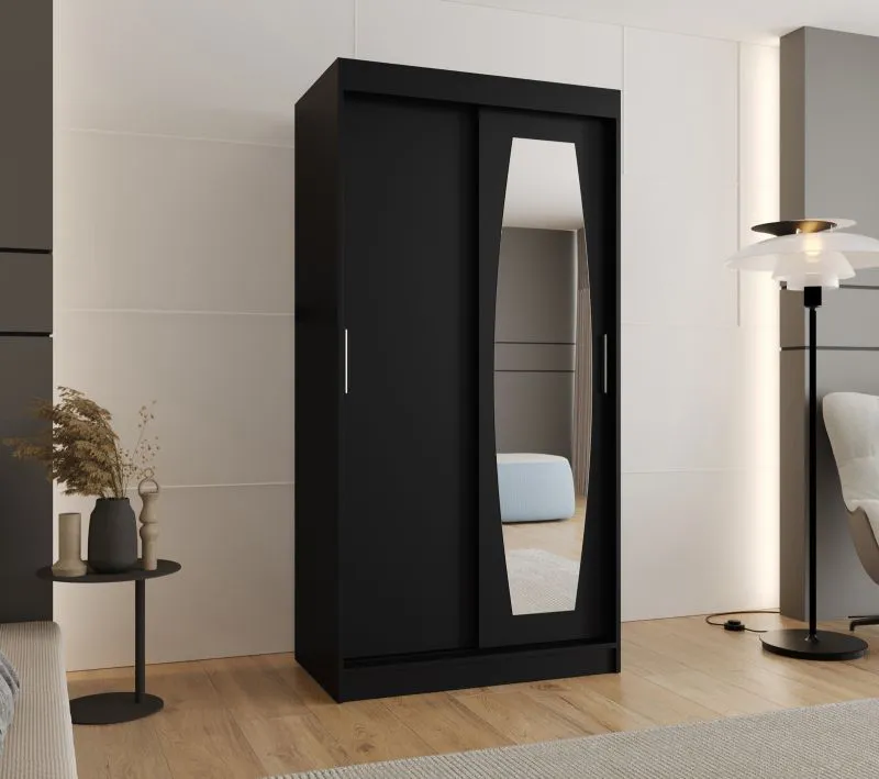 Penderie à portes coulissantes Musala 03 | Noir élégant | 1 mètre de large | Porte miroir | 5 compartiments