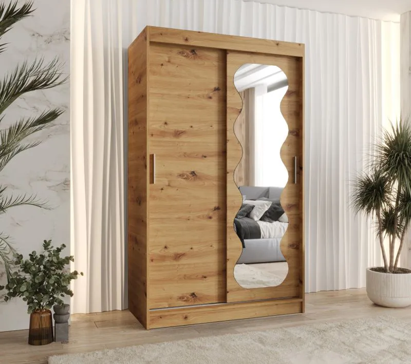 Armoire penderie à portes coulissantes avec miroir Bernina 05 | chêne artisan | 1,2 m de large | 5 compartiments | 2 tringles | rails en aluminium