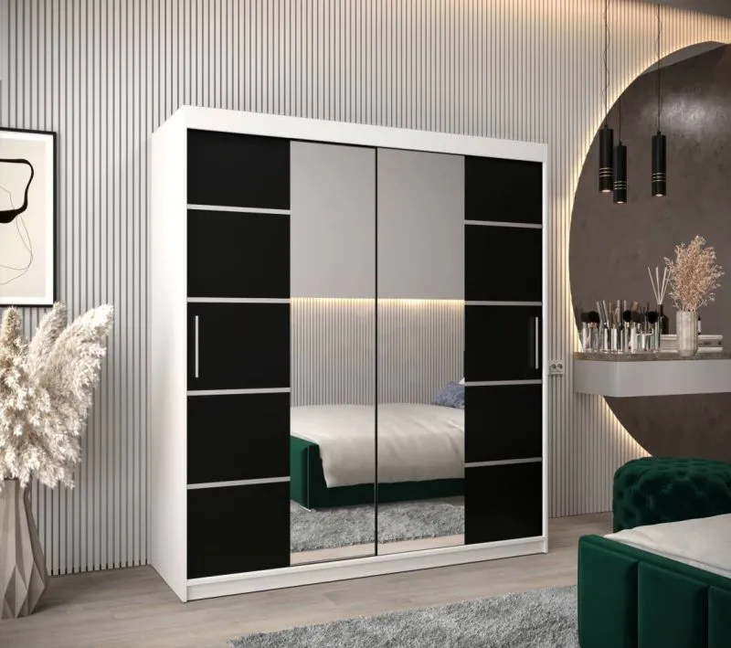 180 cm de large Armoire à portes coulissantes avec 10 casiers et 2 portes | Couleur: Blanc / Noir | Laminée Abbildung