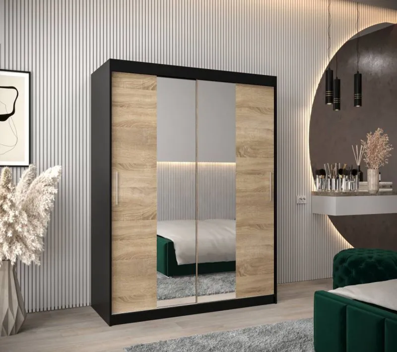 150 cm de large Armoire à portes coulissantes avec 2 portes | 5 casiers | 2 tringles à vêtements | Couleur: Noir Abbildung