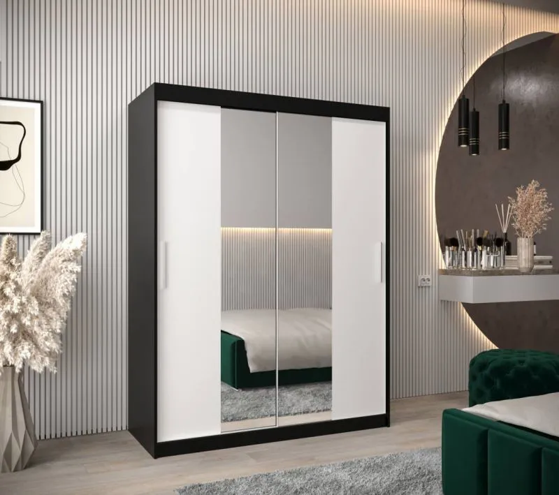 150 cm de large Armoire à portes coulissantes avec 2 portes | 5 casiers | 2 tringles à vêtements | Couleur: Blanc / Noir Abbildung