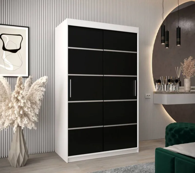 120 cm de large Armoire à portes coulissantes avec 2 portes | 5 casiers | 2 tringles à vêtements | Couleur: Blanc / Noir Abbildung
