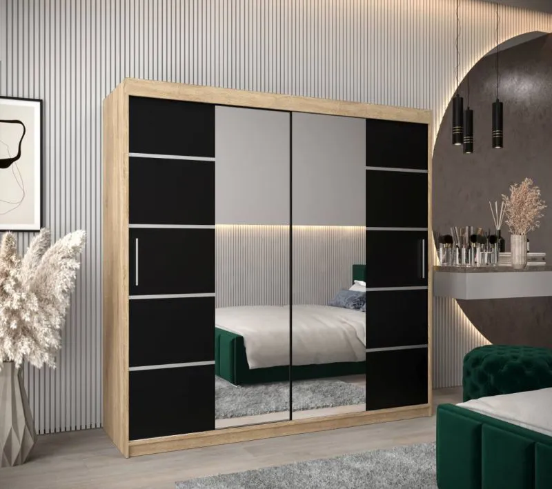 200 cm de large Armoire à portes coulissantes avec 10 casiers et 2 portes | Couleur: Chêne Sonoma  | Laminée Abbildung