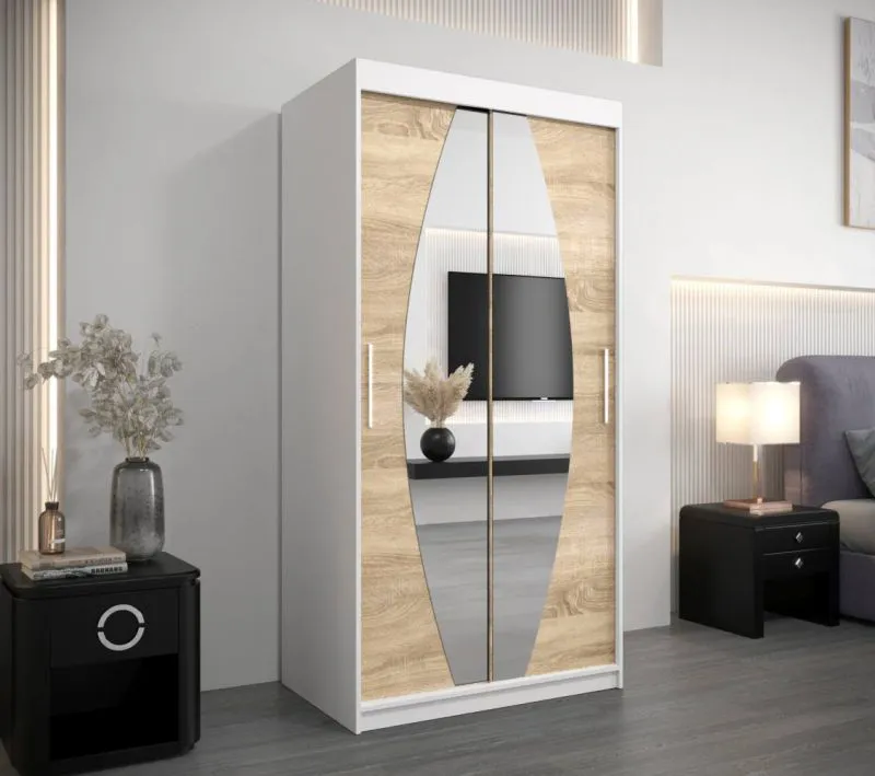 100 cm de large Armoire à portes coulissantes avec 2 portes | 5 casiers | 2 tringles à vêtements | Couleur : Chêne Sonoma / Blanc Abbildung