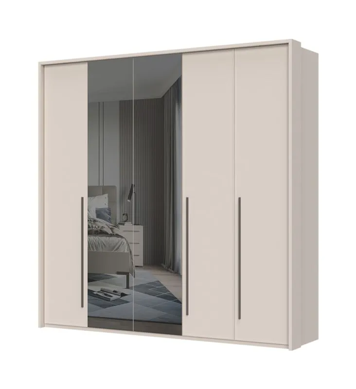 Armoire à portes battantes avec cadre Neiafu 42, deux portes miroir, trois tringles à vêtements, couleur : cachemire, dimensions : 224 x 227 x 56 cm, pieds réglables, neuf étagères