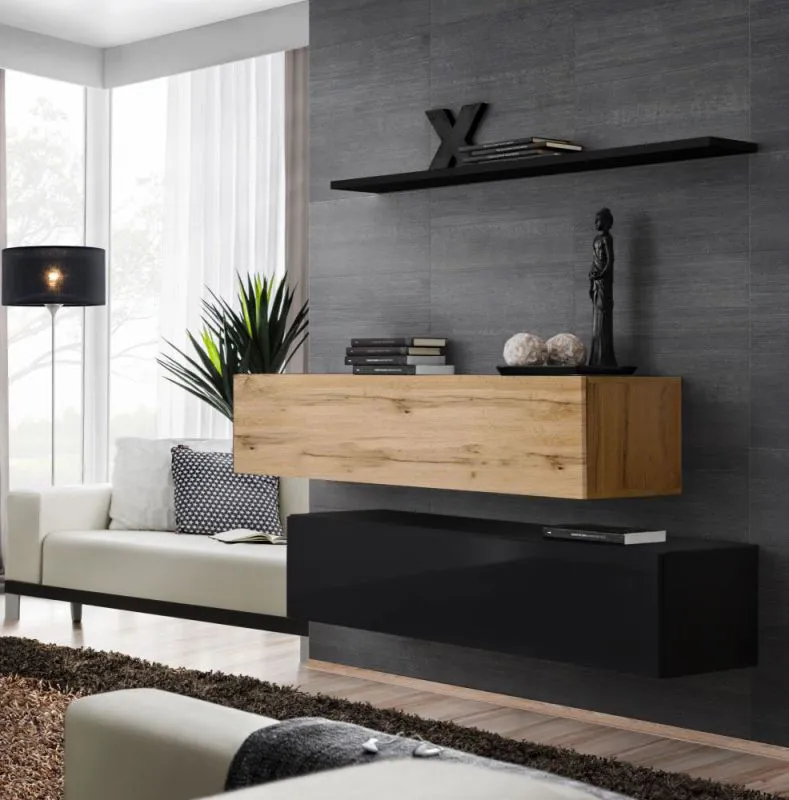 Meuble TV bas lot de 2 Balestrand 350 | Push-to-open | Noir & Chêne wotan | 110 x 130 x 30 cm | Tablette murale incluse