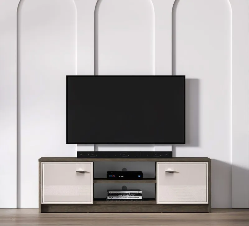 Meuble TV Mackenzie 06 / Couleur : Chêne Dunin / Cachemire brillant / Dimensions : 104 x 40 x 85 cm / Poignées : Métal / 2 portes / Chants en ABS / Fermeture en douceur