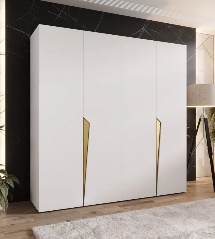 Armoire à portes battantes / 4 portes / Couleur : Blanc / 2 compartiments / Fonction Soft-Close / 2 tringles à vêtements / Poignées : Or / Dimensions : 200 x 52 x 202 cm / Penderie / Chants ABS