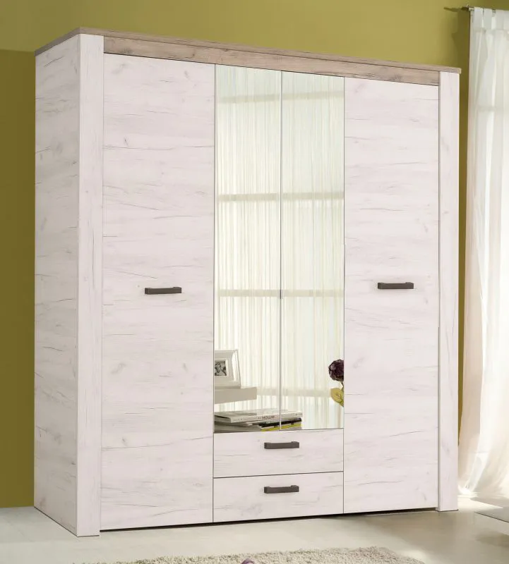 Armoire à portes battantes avec miroirs Zemun 07 | 2 tiroirs | Chêne gris & blanc | 206,5 x 199 x 55,5 cm