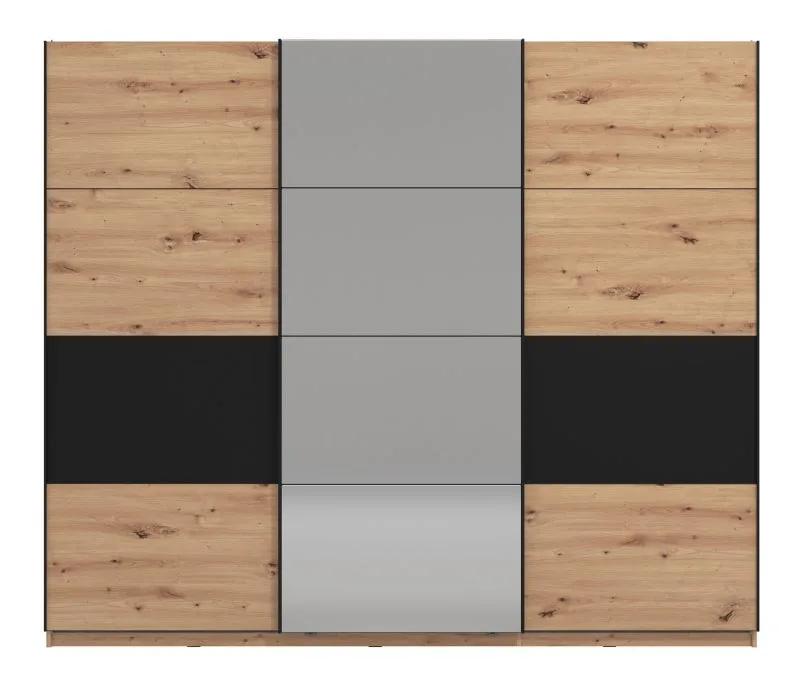 Armoire penderie 3 portes coulissantes Crina 10 | Espace optimisé | chêne artisan/noir | Miroir | 224 x 262,5 x 65,5 cm