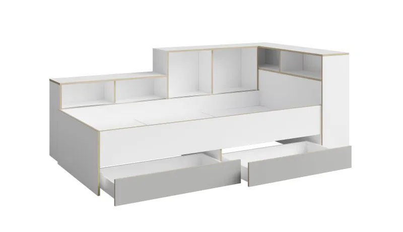 Lit enfant/ado Ithaka 02 | 2 tiroirs de lit | 6 compartiments | 90 x 200 cm | Blanc/Gris | Rangement optimisé