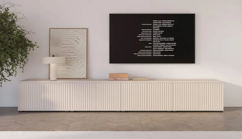 Meuble bas TV / Cachemire / 8 portes battantes / 8 compartiments / 280 x 40 x 42 cm / Fonction push-to-open / Design à lamelles / Pour le salon / Meuble TV