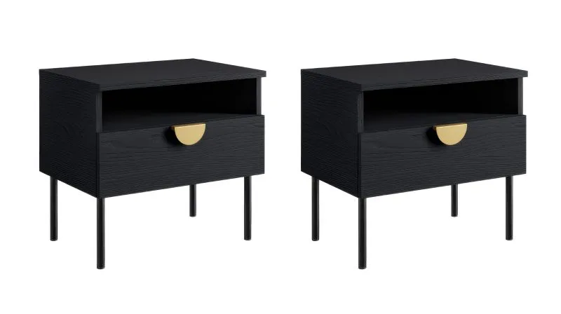 Table de chevet Amfipoli 09, lot de 2 | Soft-Close | 1 tiroir & niche ouverte | Noir effet bois | 45,5 x 50 x 43,5 cm